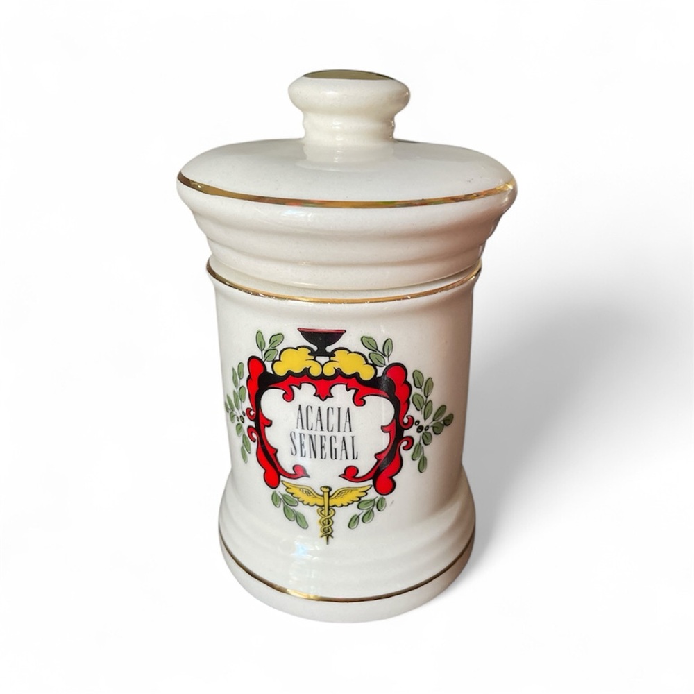 Fashioned by Blair Small Vintage Ceramic Apothecary Jar Gold Trim Acacia Senegal
